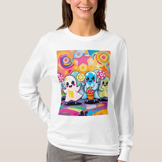 Camiseta Kawaii Candy Parade Cartoon Colorido (Frente)