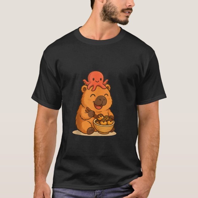 Camiseta Kawaii Capybara with Octopus Eating Takoyaki Japan (Frente)