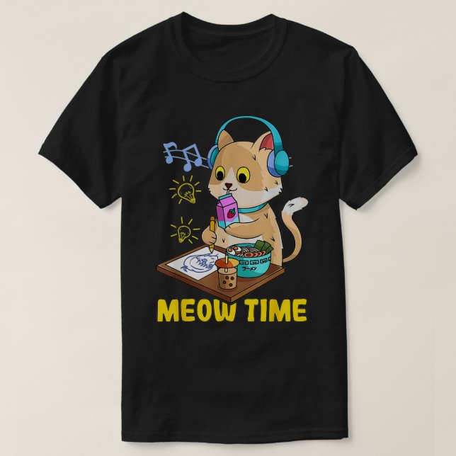 Camiseta Kawaii Cat ama Ramen Bubble Tea Music e Manga (Frente do Design)