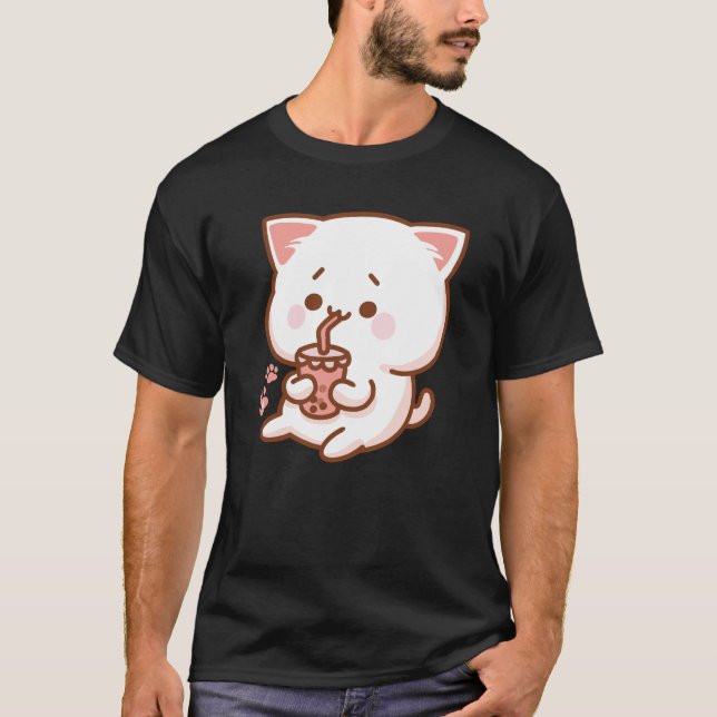 Camiseta Kawaii Cat Bebendo Boba Tea (Frente)