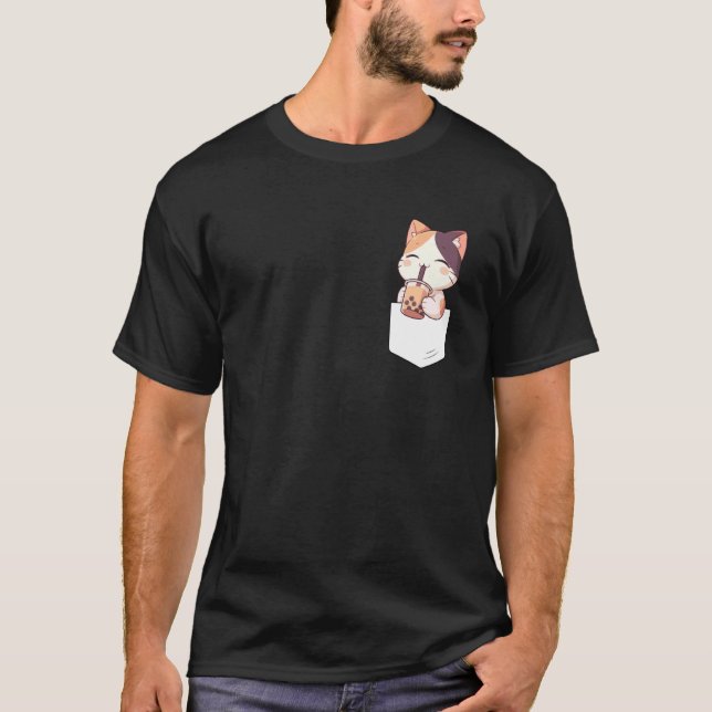 Camiseta Kawaii Cat Boba Pocket Japanese cute aesthetic Ani (Frente)