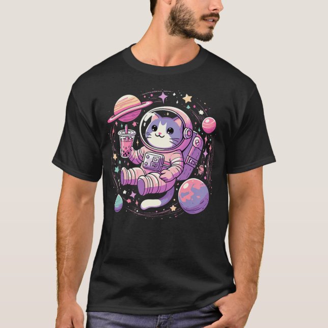 Camiseta Kawaii Cat Bubble Boba Tea In Space Astronaut (Frente)