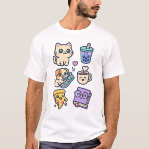 Camiseta Kawaii Cat, Cachorro e Comidas Adormecidos