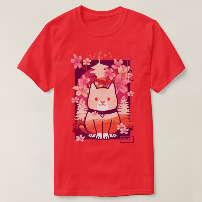 Camiseta Kawaii Cat Cherry Blossom Anime Kitten Sakura (Frente do Design)
