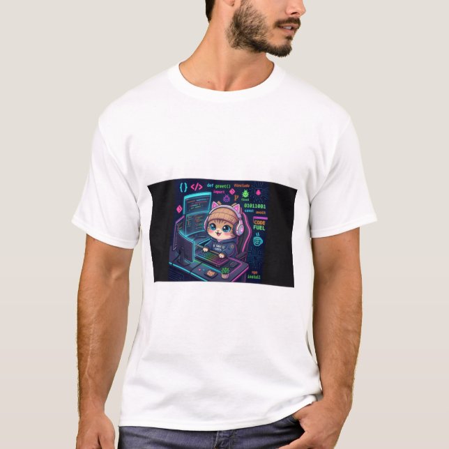 Camiseta Kawaii Cat Coder | Programadora Neon Fofa (Frente)