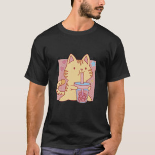 Camiseta Kawaii Cat com Boba Tea Cat Bebendo Bble Tea