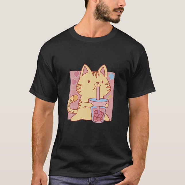 Camiseta Kawaii Cat com Boba Tea Cat Bebendo Bble Tea (Frente)
