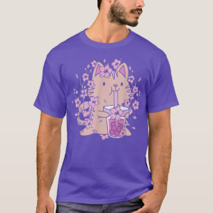 Camiseta Kawaii Cat com Chá de Bolha e Chá Boba e Sakura