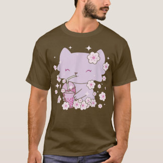 Camiseta Kawaii Cat com Chá de Bolha e Chá Boba e Sakura