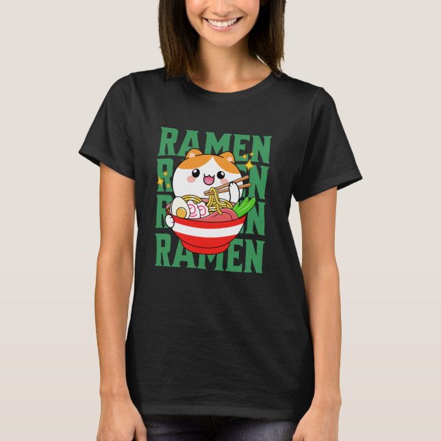 Camiseta Kawaii Cat comendo Ramen (Frente)