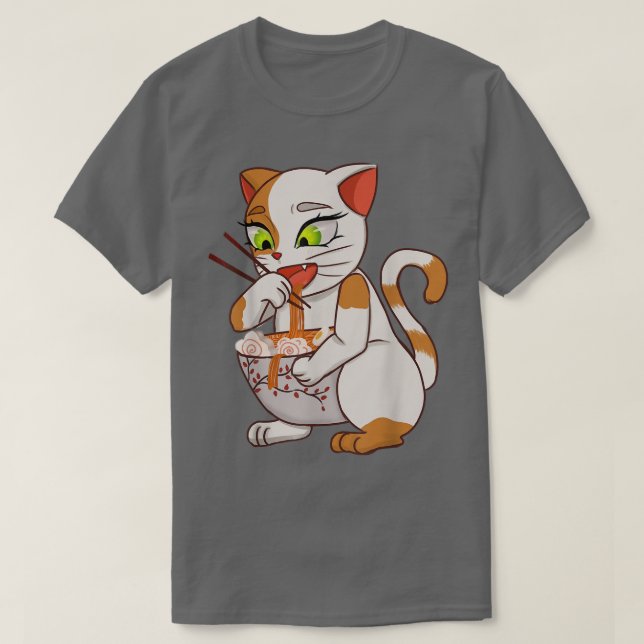 Camiseta Kawaii Cat Comendo Ramen Anima Noodles Japoneses (Frente do Design)