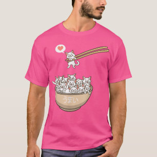 Camiseta Kawaii Cat Comendo Ramen Bowl Noodles Comida Japon