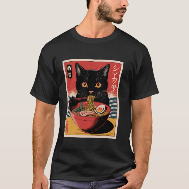 Camiseta Kawaii Cat Comendo Ramen Cute Noodles Japonês Funn (Frente)