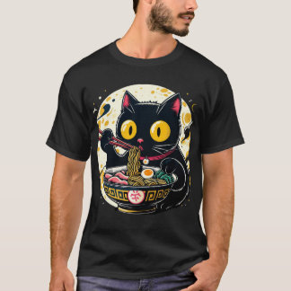 Camiseta Kawaii Cat Comendo Ramen Nodles Anime Gif Adolesce