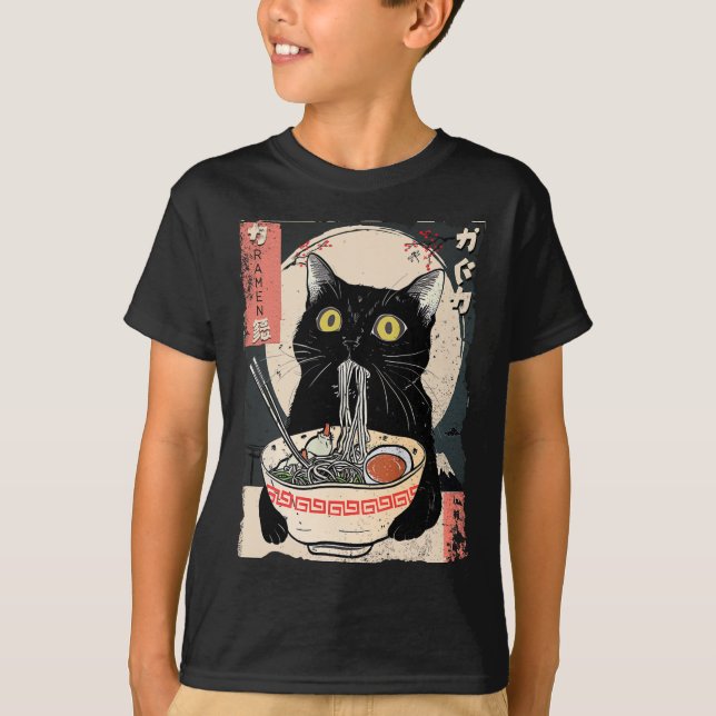 Camiseta Kawaii Cat Comendo Ramen Noodles Engraçado Anime G (Frente)