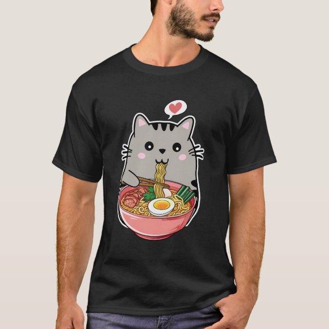 Camiseta Kawaii Cat Comendo Ramen Noodles Kawaii Anime Cat  (Frente)