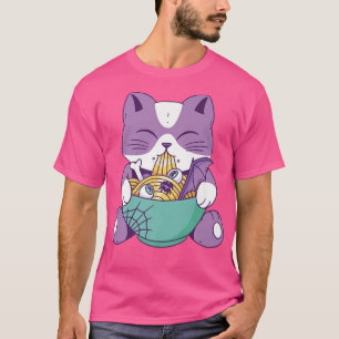 Camiseta Kawaii Cat Comendo Roupas De Animas Ramen Egirl Co