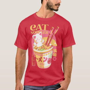 Camiseta Kawaii Cat Eating Ramen Noodles Japonês Comida Ani
