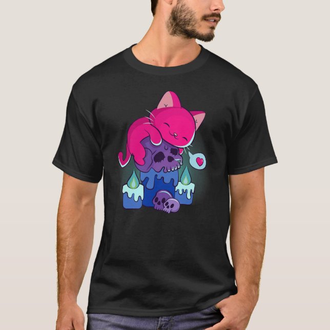 Camiseta Kawaii Cat on Skulls Cute Bisexual Aesthetic Subtl (Frente)