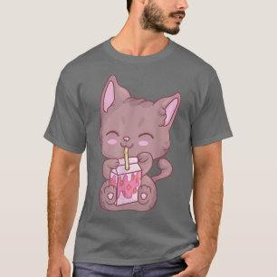 Camiseta Kawaii Cat Para Mulheres Meninas Animação Morango 