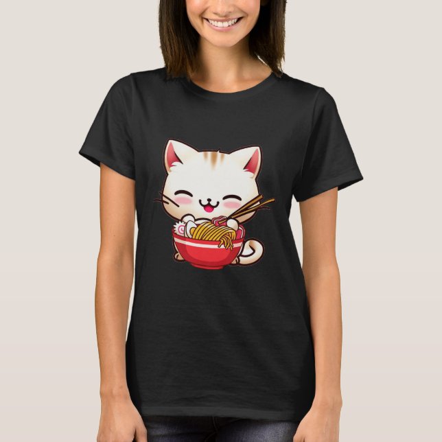 Camiseta Kawaii Cat Ramen Adora Comida Japonesa Engraçada A (Frente)