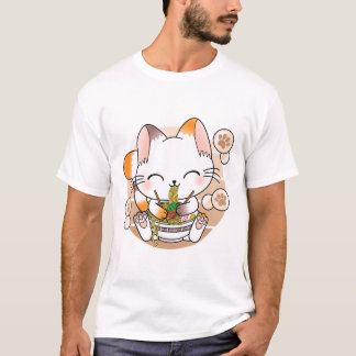 Camiseta Kawaii Cat Ramen Noodles Otaku Anime Japonês Neko
