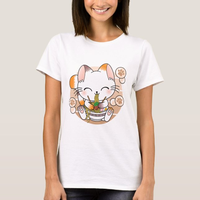 Camiseta Kawaii Cat Ramen Noodles Otaku Anime Japonês Neko (Frente)