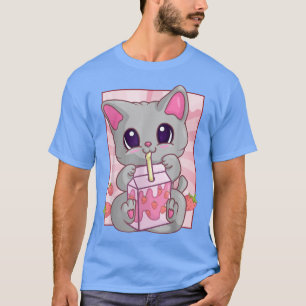 Camiseta Kawaii Cat Strawberry Milkshake For Women Girls, M
