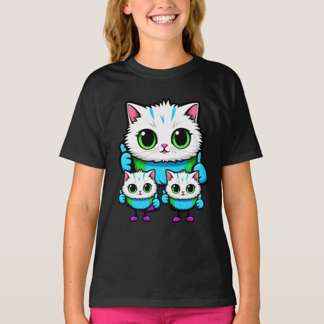 Camiseta Kawaii Cat Trio Girls Tee Adorable Cartoon Cats  (Frente)