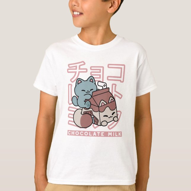 Camiseta Kawaii Cat with Chocolate Milk – Japanese Pop Art  (Frente)