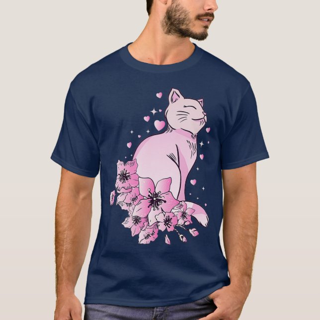 Camiseta Kawaii Cat with Sakura and cherry blossom tree (Frente)
