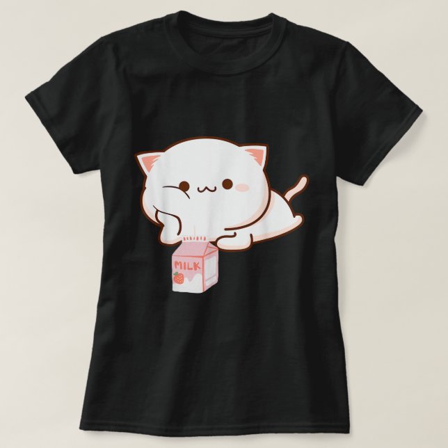Camiseta Kawaii Cat with Strawberry Milk (Frente do Design)