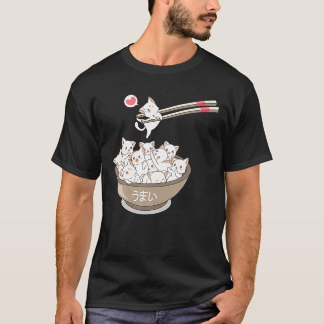 Camiseta Kawaii Cats Pets Ramen Noodles Japonês Sushi Anim (Frente)