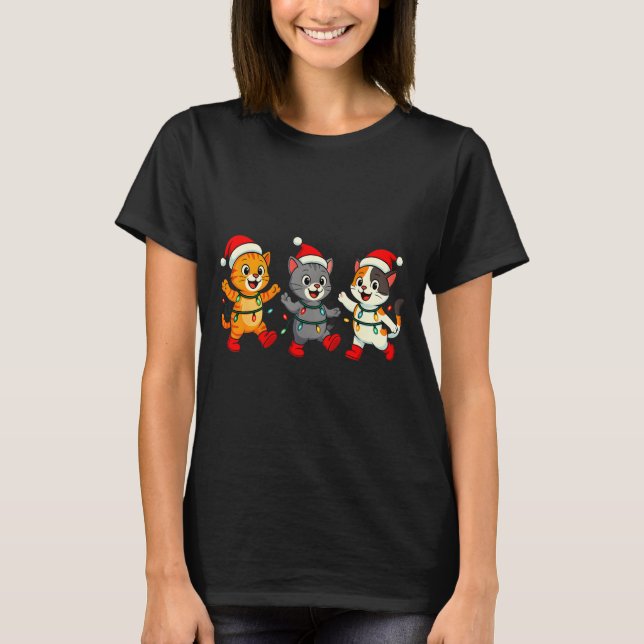 Camiseta Kawaii Cats Santa Hat Dancing Lights Christmas Dan (Frente)