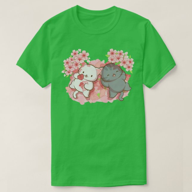 Camiseta Kawaii Cats sob Cerejeira Blossom Trees Japoneses  (Frente do Design)