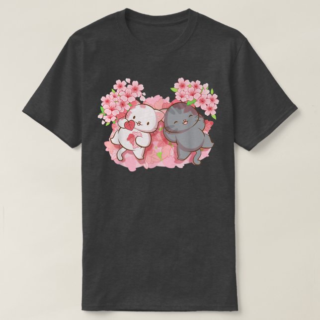 Camiseta Kawaii Cats under Cherry Blossom Trees Japanese Sa (Frente do Design)