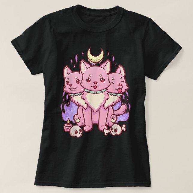 Camiseta Kawaii Cerberus Pastel Gothic Puppy Art (Frente do Design)