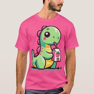 Camiseta Kawaii Chibi Brachiosaurus Palha de Bebendo Dinoss