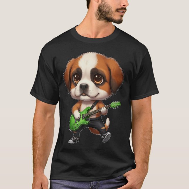 Camiseta Kawaii Chibi Cachorro São Bernardo Tocando Violão  (Frente)