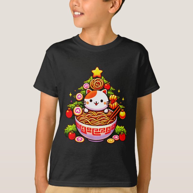 Camiseta Kawaii Christmas Cat Ramen Christmas Tree Holiday  (Frente)