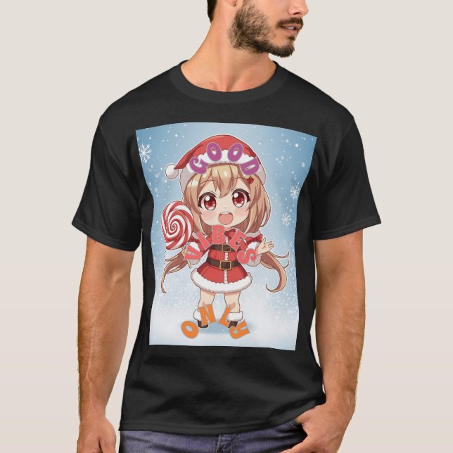 Camiseta Kawaii Christmas Chibi Anime Girl in Santa Suit wi (Frente)