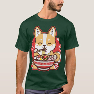 Camiseta Kawaii Corgi Comendo Ramen Cachorro de Animação Ja