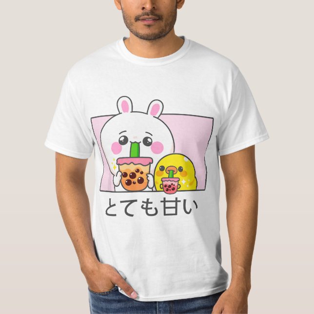 Camiseta Kawaii cute anime bunny and duck drinking bubble t (Frente)