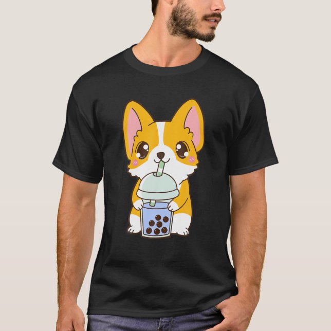 Camiseta Kawaii Cute Boba Corgi Cão Azul Bolha Chá (Frente)