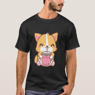 Camiseta Kawaii Cute Boba Corgi Dog Strawberry Rosa Bubble