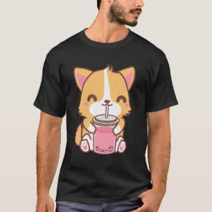 Camiseta Kawaii Cute Boba Corgi Dog Strawberry Rosa Bubble