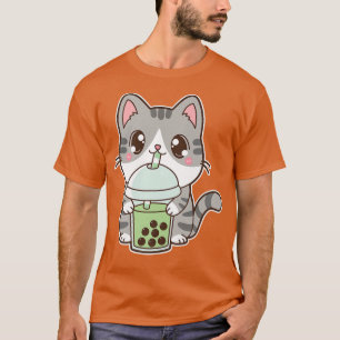 Camiseta Kawaii Cute Boba Kitty Cat Bolha Verde Leite de Pé