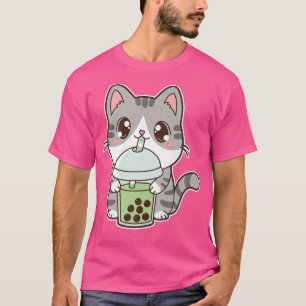 Camiseta Kawaii Cute Boba Kitty Cat Bolha Verde Leite de Pé