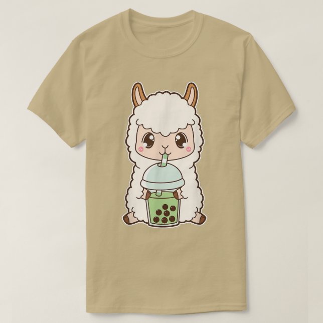 Camiseta Kawaii Cute Boba Llama Alpaca Matcha Green Bubble (Frente do Design)