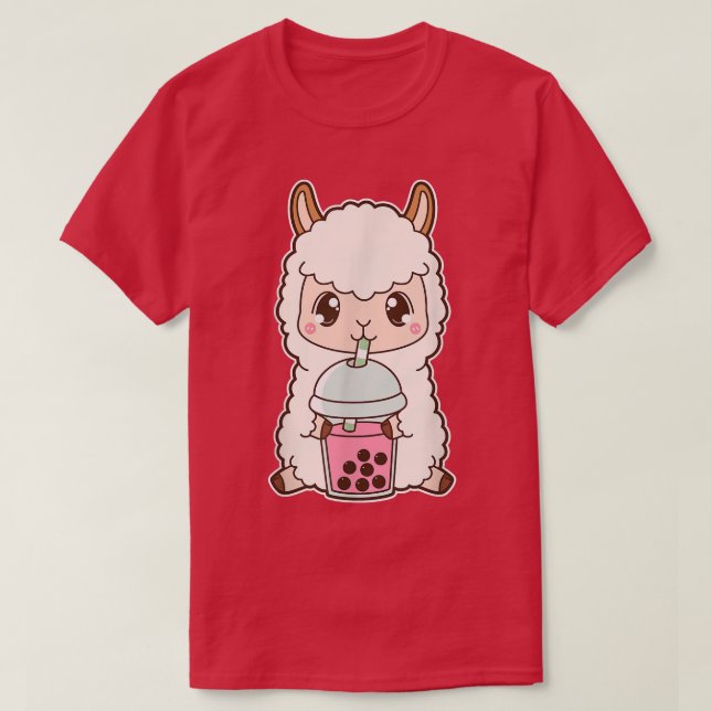 Camiseta Kawaii Cute Boba Llama Alpaca Strawberry Bubble Mi (Frente do Design)